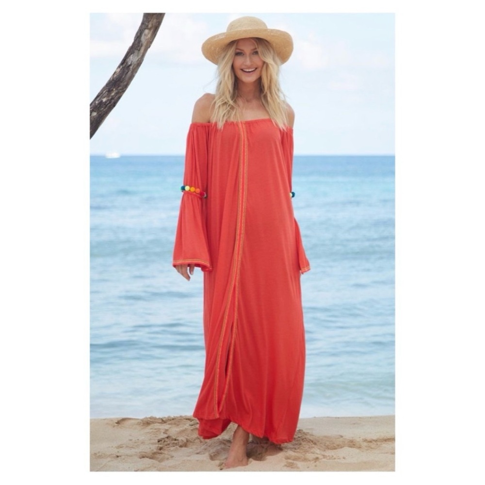 Pitusa Gypsy Blood Orange Off-Shoulder Swim Cover Up Maxi Dress